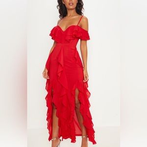 PrettyLittleThing PLT Red Cold Shoulder Ruffle Maxi Dress SZ 8/M